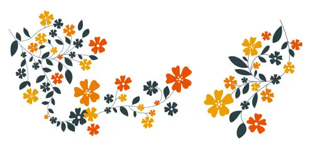 Vector illustration of flowers and leaves in darkblue and orange