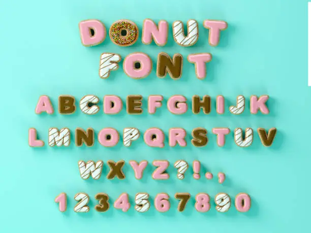 Photo of Donuts decorative font glazed sweet letters and numbers. Cute design. 3D illustration