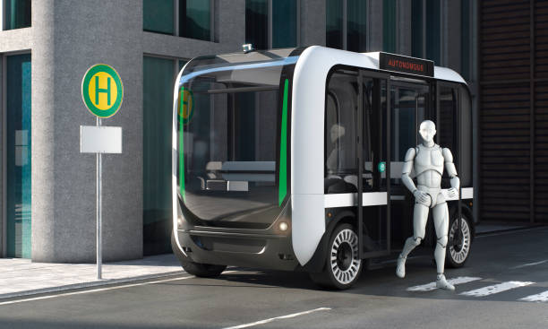 istock Autonomous bus with passenger exiting on bus stop normal perspective with empty sign 3d rendering 1098033772