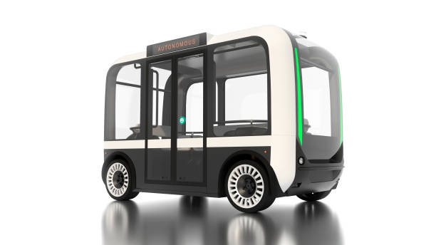 autonome generische fahrzeugbus auf weißem hintergrund 3d-rendering - taxi germany car public transportation stock-fotos und bilder