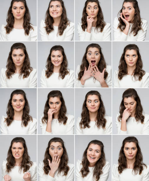prawdziwa kobieta robiąca inną mimikę twarzy - facial expression women multiple image thinking zdjęcia i obrazy z banku zdjęć