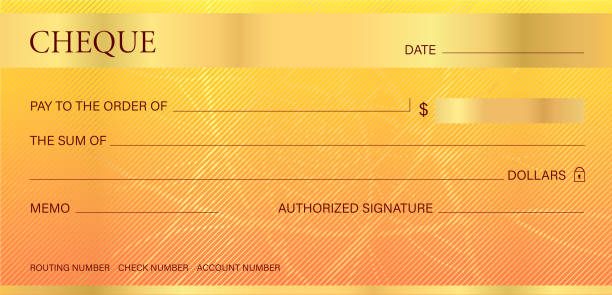 Cheque, Check (Chequebook template). Guilloche pattern with abstract line watermark Gold background hi detailed for banknote, money design,currency, bank note, Voucher, Gift certificate, Money coupon tax borders stock illustrations