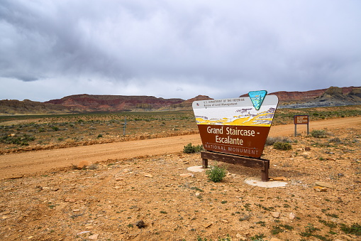 Kanab, Utah State, USA - April 16, 2015 : Grand Staircase-Escalante National Monument Sign along scenic cottonwood canyon road in Utah State.