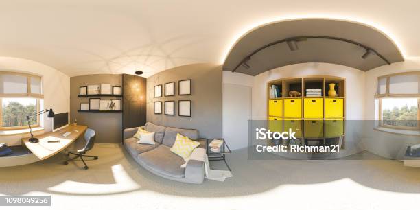 Seamless 360 Vr Home Office Panorama 3d Illustration Of Modern Apartment Interior Design Stock Photo - Download Image Now