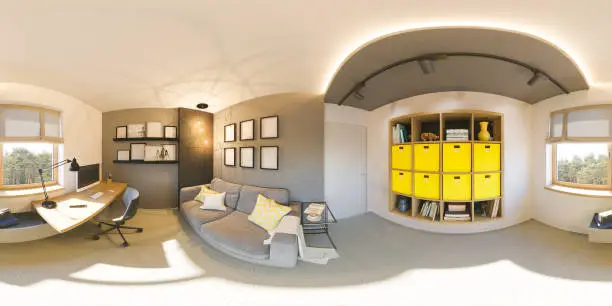 Seamless 360 vr home office panorama. 3d illustration of modern apartment interior design. Home interior cabinet in the Scandinavian architectural style