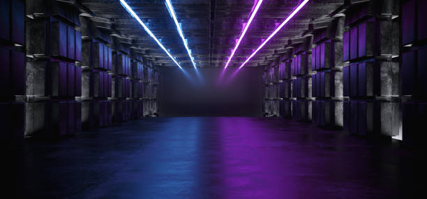 istock Futuristic Sci Fi Alien Ship Dark Empty Space Grunge Reflective Glossy Concrete Tunnel Corridor With Vibrant Neon Glowing Laser Purple Pink Blue Lights Background 3D Rendering 1098049680