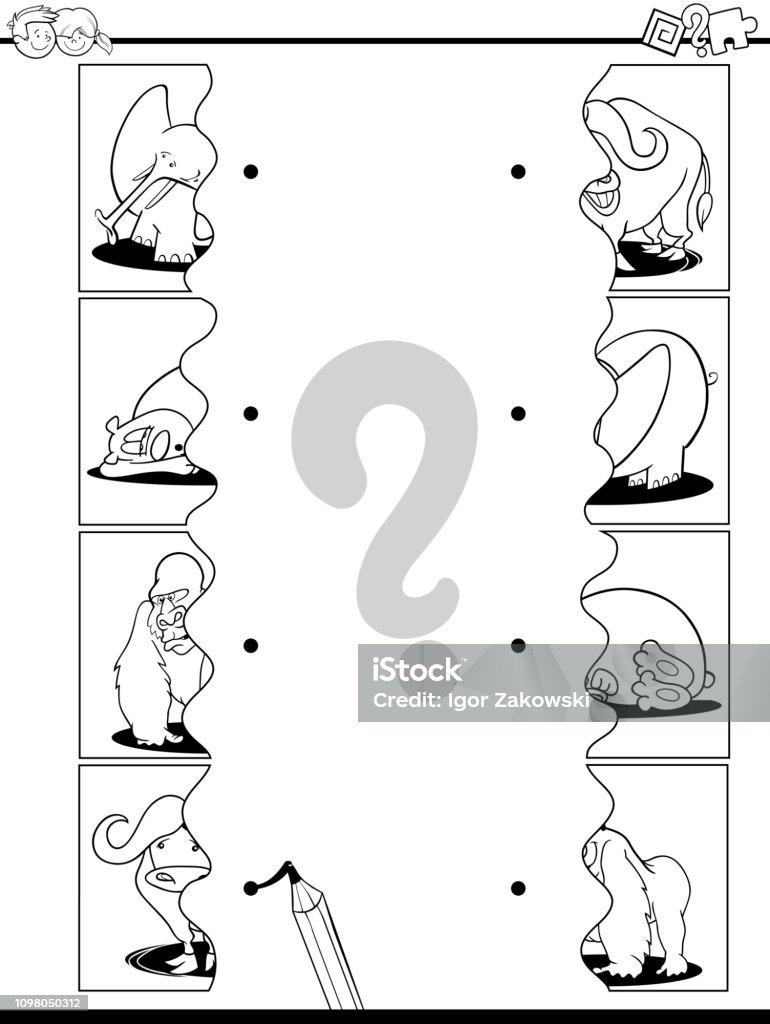 match jigsaw puzzles task color book Black and White Cartoon Illustration of Educational Pictures Matching Game for Children with Jigsaw Puzzles of Animals Coloring Page Accuracy stock vector