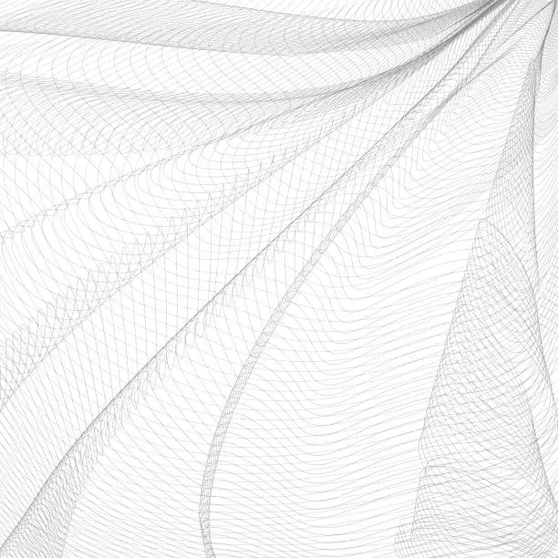 Vector illustration of Monochrome striped openwork background. Vector abstract pleated network. Gray ripple thin lines, subtle curves. Technology line art pattern, textile, net, mesh textured effect. EPS10 illustration