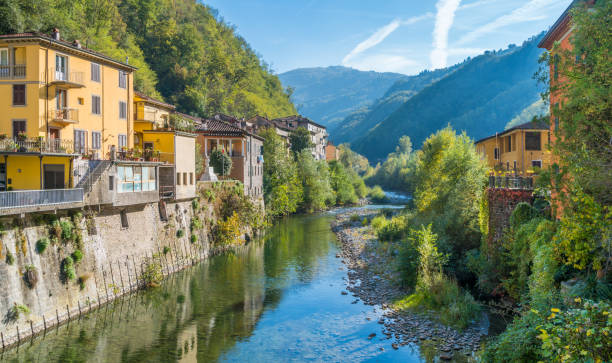 The picturesque town of Bagni di Lucca on a sunny day. Near Lucca, in Tuscany, Italy. The picturesque town of Bagni di Lucca on a sunny day. Near Lucca, in Tuscany, Italy. lucca stock pictures, royalty-free photos & images