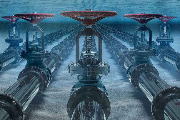 pipelines on ocean bottom underwater. 3d rendering - water valve oil gas imagens e fotografias de stock