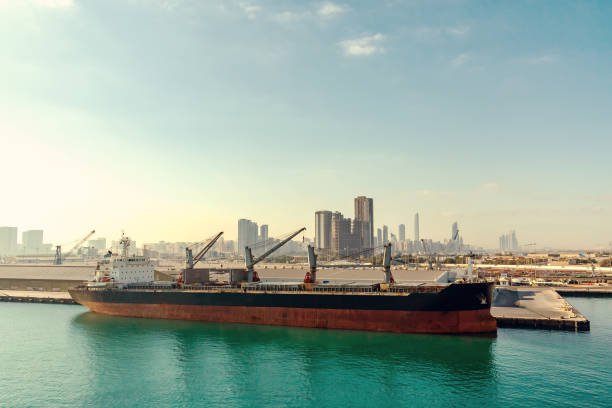 Abu Dhabi, United Arab Emirates - December 13, 2018: Big ship in cargo port.
