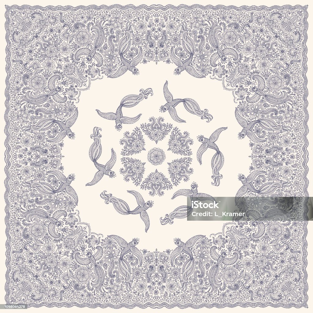 Vektor abstrakte Bandana Pfaublau Beige Hintergrund bedruckt. Florale Muster von Hand gezeichnet Rosenblüten, Fantasie Blätter und Märchen kunstvolle niedliche Vögel. Schal, Schal, Textile Pflaster, Teppich - Lizenzfrei Kachel Vektorgrafik