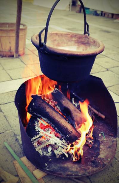 istock copper cauldron full of boiling water with fire made from logs a 1098064480