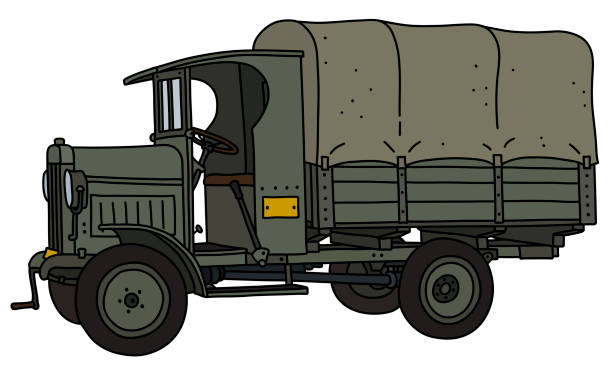 die vintage militär-lkw - truck military armed forces pick up truck stock-grafiken, -clipart, -cartoons und -symbole