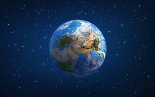 Planet Earth in space, focused on Europe and Asia. 3D illustration - Elements of this image furnished by NASA.