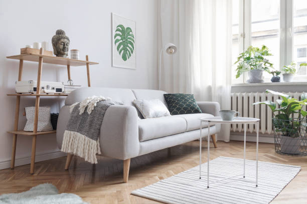 istock Stylish scandinavian interior with design sofa, poster, plants, bookstand, coffee table, cozy blanket and mock up frames. White background walls, brown wooden parquet and modern lamp. 1098075680