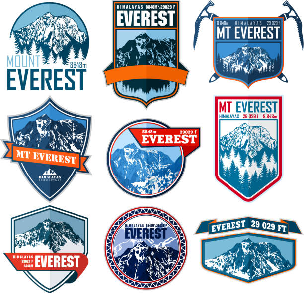 kuvapankkikuvitukset aiheesta joukko vector everest mountain emblem maailman korkein peack. vuorikiipeilyetiketin kuvitus - khumbu
