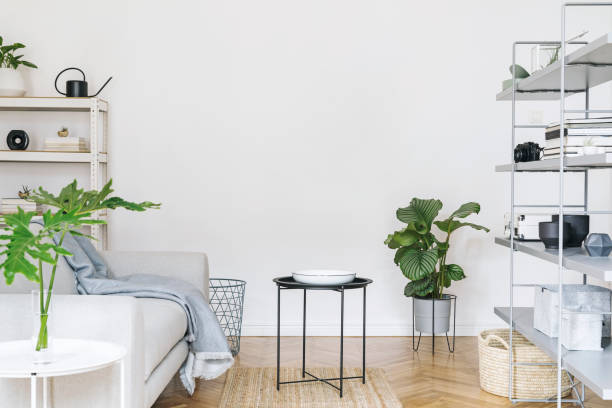 istock Modern nordic home interior with grey bookstand with accessories, design sofa, tropical plants, coffee table and stylish furniture. Empty white walls. Cozy space of living room. Brown wooden parquet 1098078264