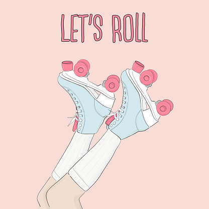 Vector vintage  skating poster with motivational typography. Hand drawn roller skates sketch illustration with quote. 80s, 90s Party decoration