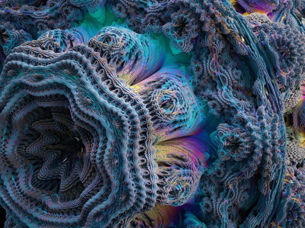 rendering 3d, sfondo frattale astratto, forme microbiologiche, natura macro, modello organico, carta da parati del mondo quantistico olografico - nanotechnology fractal science mathematics foto e immagini stock