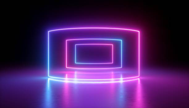 istock 3d rendering, neon lights, abstract ultraviolet background, virtual reality screen, laser show, rectangular blank frame, tunnel, glowing lines, floor reflection, vibrant colors 1098100774