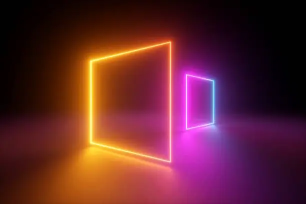 Photo of 3d rendering, yellow pink squares, neon light, blank frames, abstract ultraviolet background, glowing lines, portal, vibrant colors, empty virtual windows, night club interior, fashion podium