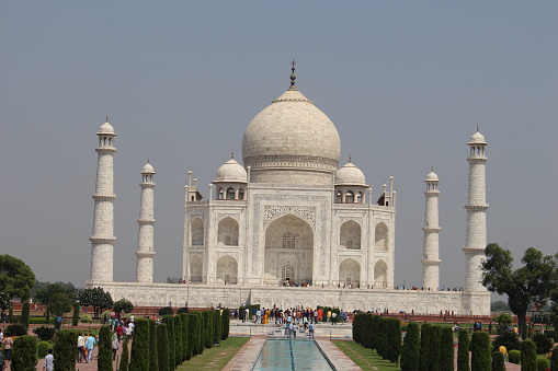The Taj Mahal (/ˌtɑːdʒ məˈhɑːl, ˌtɑːʒ-/;[4] Hindi: ताज महल [taːdʒ ˈmɛːɦ(ə)l], meaning \