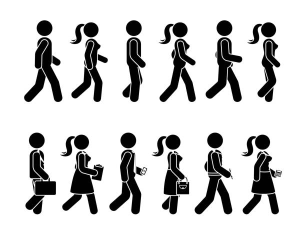 Stick figure walking man and woman vector icon pictogram. Group of people moving forward sequence set Stick figure walking man and woman vector icon pictogram. Group of people moving forward sequence set racewalking stock illustrations