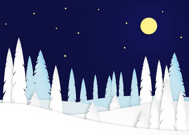 istock Winter landscape on a moonlit night. Snowy trees in a park or forest. Design in the style of paper art. Vector 1098115860