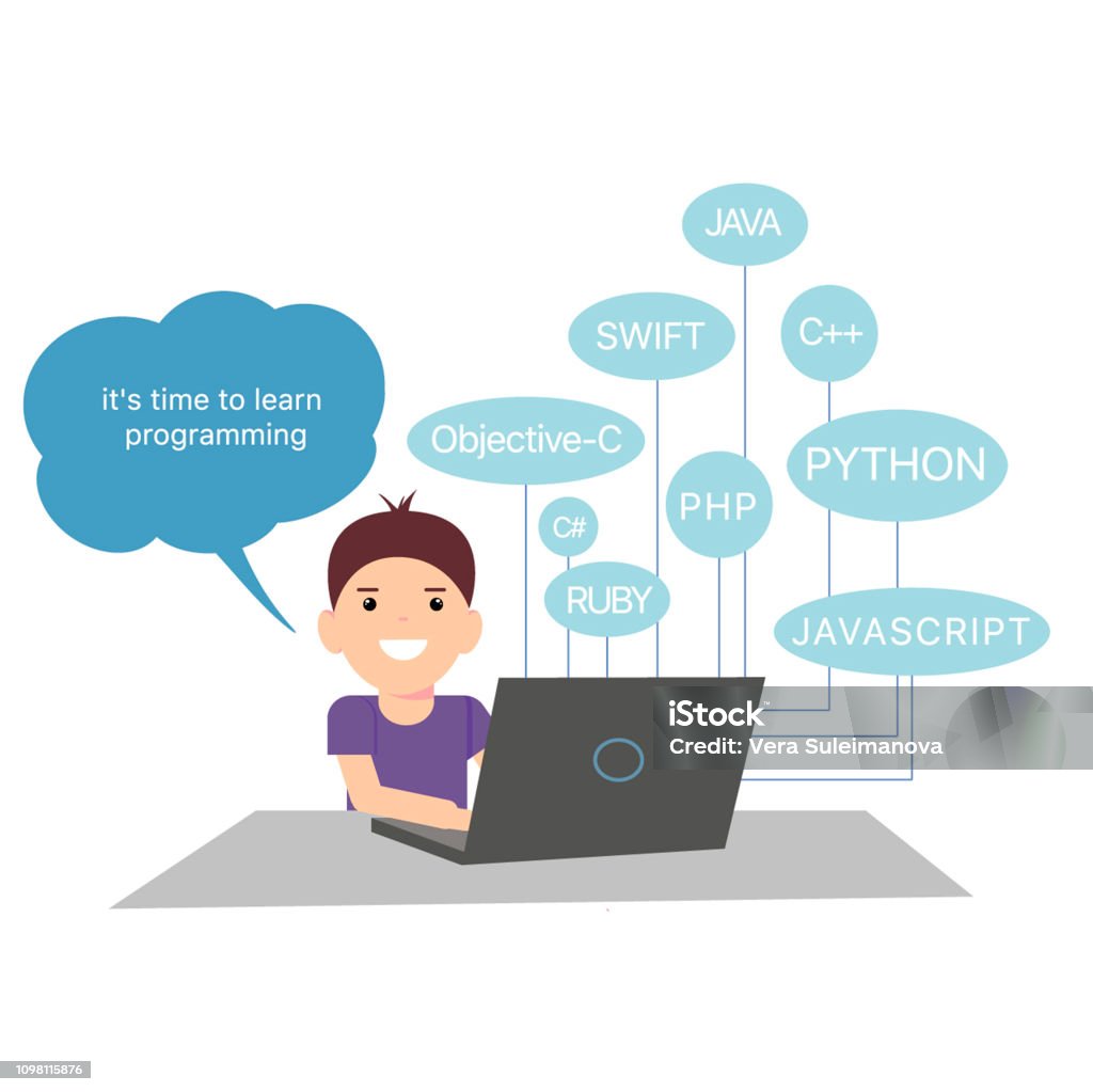 Vetores de Rapaz Estudando A Codificação Em Um Laptop Do Laptop Resumo ...