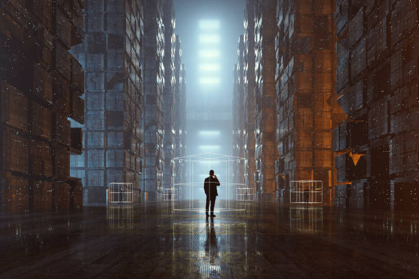 Businessmen on the phone in futuristic dark city Businessmen on the phone in futuristic dark city. This is entirely 3D generated image. buildings across time stock pictures, royalty-free photos & images