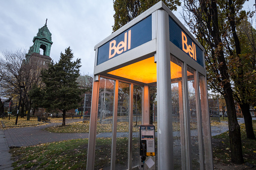 Picture of a Bell Canada Phone booth in Montreal, Quebec, Canada. Bell Canada is a Canadian telecommunications company headquartered in Quebec.