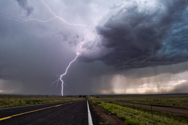 Lightning strike from a thunderstorm stock photo