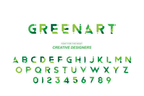 Green Eco original bold font alphabet letters and numbers for creative design template. Flat illustration EPS10 Green Eco original bold font alphabet letters and numbers for creative design template. Flat illustration EPS10. environment patterns stock illustrations