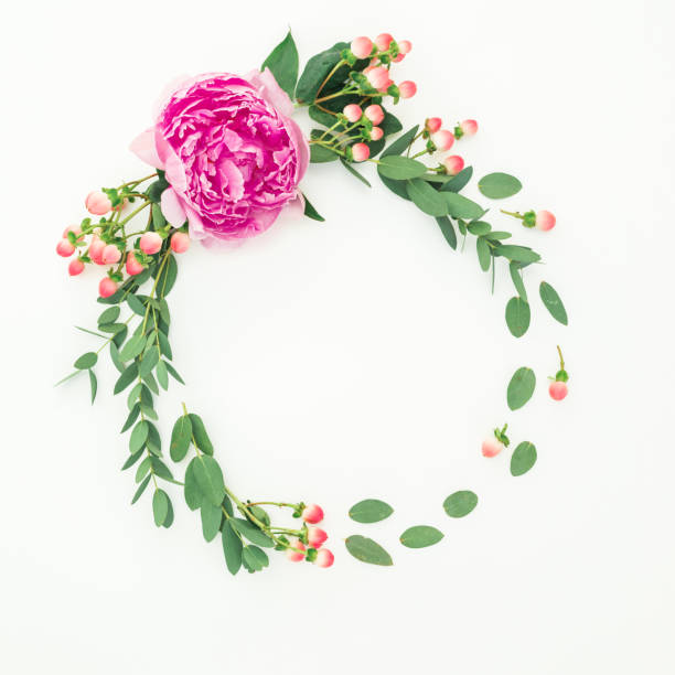 istock Round frame with pink peony flower, hypericum and eucalyptus on white background. Flat lay, top view 1098130988