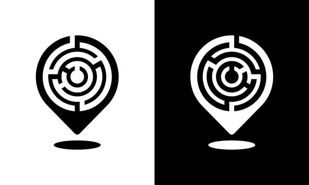 Location pin icon with a labyrinth pattern Location maps pin with a labyrinth pattern - black and white vector icon wildlife tracking tag stock illustrations