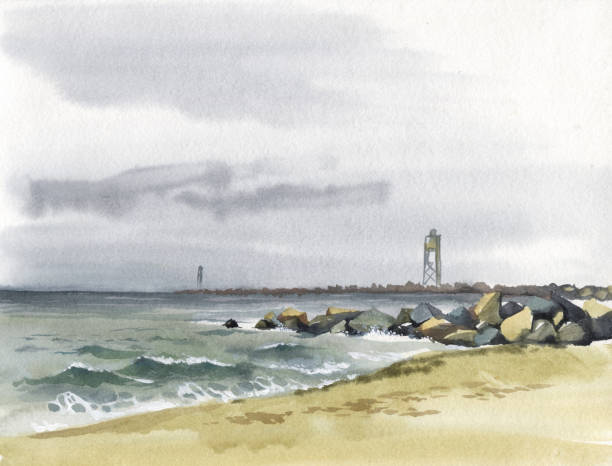 솔즈베리 비치, 매사 추세 츠 바람이 부는 날 - lighthouse massachusetts beach coastline stock illustrations