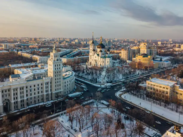 Evening winter Voronezh downtown cityscape. Tower of management of south-east railway and Annunciation Cathedral.
