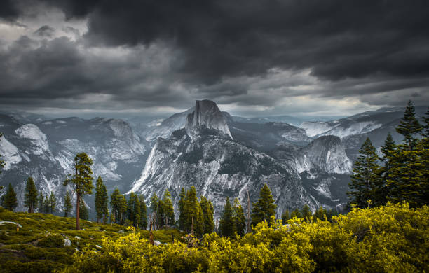 Peaking above the trees and the clouds and just behind a stream the mountains in Yosemite National Park, California can always be seen.