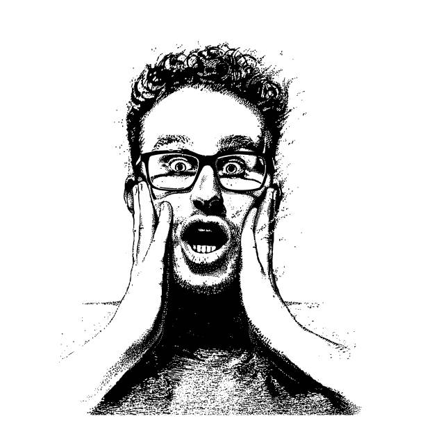 Young man with shocked facial expression mezzotint of a Young man with shocked facial expression black and white eyeglasses clip art stock illustrations