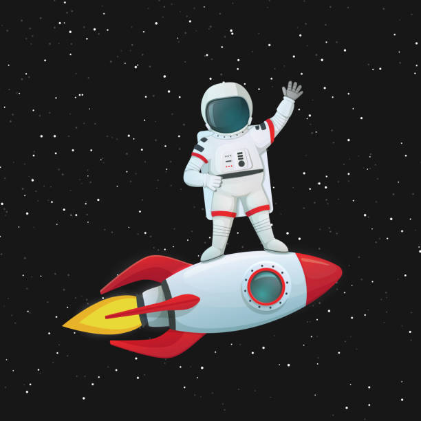 ilustraciones, imágenes clip art, dibujos animados e iconos de stock de astronauta en el vuelo nave espacial que agitaba una mano y el akimbo. - astronaut space zero gravity spacewalk