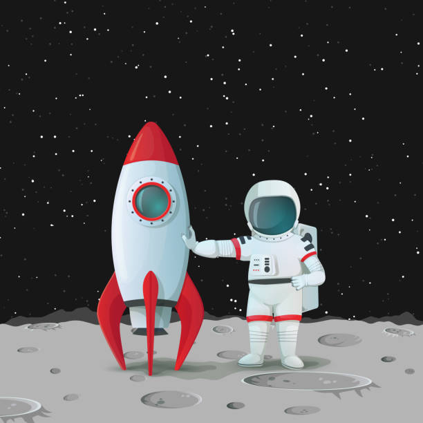ilustraciones, imágenes clip art, dibujos animados e iconos de stock de astronauta en la superficie de la luna junto a la nave espacial y tocar con una mano y con la otra mano akimbo con cielo oscuro y las estrellas en el fondo. - moon