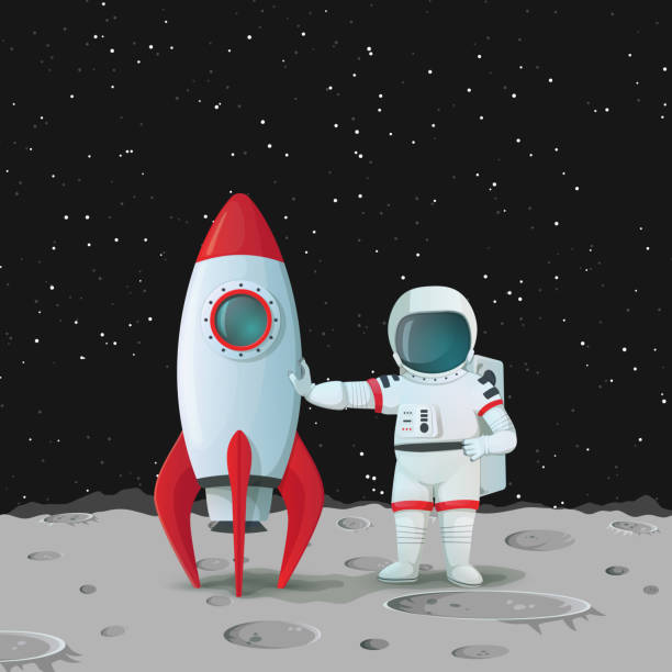 illustrazioni stock, clip art, cartoni animati e icone di tendenza di astronauta sulla superficie della luna in piedi vicino alla nave razzo e toccandolo con una mano e con l'altra mano akimbo con cielo scuro e stelle sullo sfondo. - zero gravity illustrations