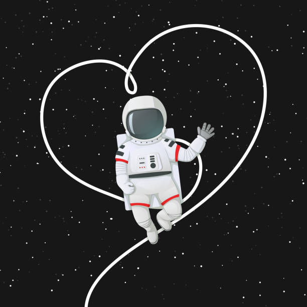 Astronaut floating and waving a hand with his tether outlining the shape of a heart Astronaut floating and waving a hand with his tether outlining the shape of a heart. Dark space with stars in the background. Romantic Valentine day vector poster, card. space suit stock illustrations