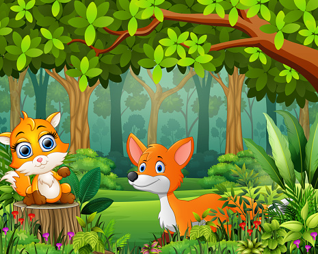 Ilustración de Dibujos Animados De Bosque Paisaje De Verde En Primavera Con  Dos Fox y más Vectores Libres de Derechos de Aire libre - iStock