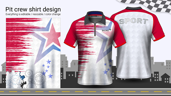 Polo t-shirt with zipper, Racing uniforms mockup template for Active wear and Sports clothing, such as, Racing apparel, Karting, Pit crew, Mechanic overalls, Everything is edible and Color change.