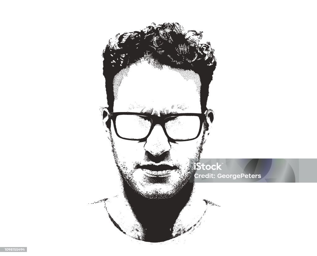 Portrait of one serious young man Vector mezzotint Portrait of one serious young man with blank expression Portrait stock vector