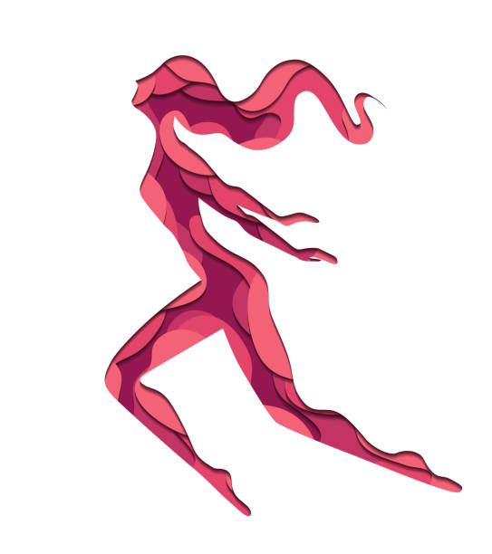 иллюстрация летающей свободной женщины с 3d элементом, вырезанной из бумаги в розовых тонах. - love computer graphic dancing people stock illustrations