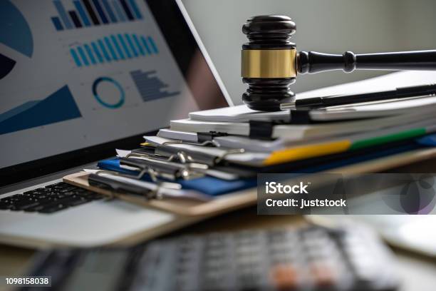 Judge And Documents On Office Desk Legislation Stock Photo - Download Image Now - Advice, Authority, Backgrounds