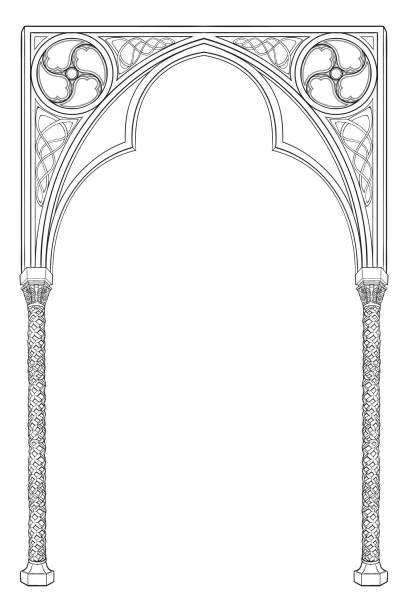 illustrazioni stock, clip art, cartoni animati e icone di tendenza di cornice rettangolare in stile manoscritto medievale. arco a sesto a sesto a sesto a punta in stile gotico. - ancient column past arch